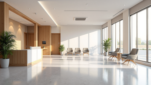 医疗健康品牌推广,医院现代化大厅,医护人员与患者交流,温馨医疗环境