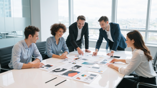 广告创意制作,团队讨论创意方案,会议室环境,自然光线充足