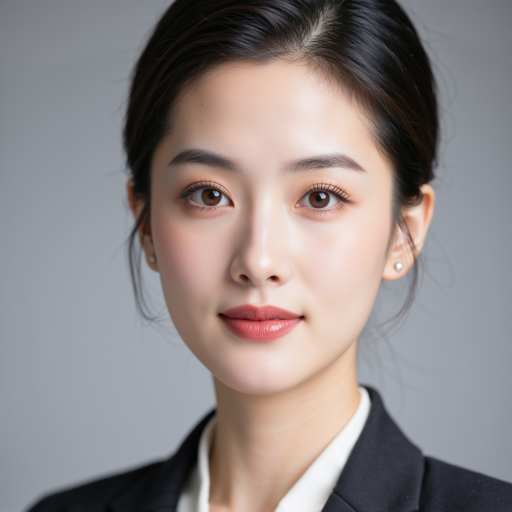 三十岁左右年轻女性头像,穿黑色职业装,长发披肩,白色背景,创意总监身份